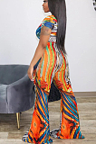 Multicolor Orange Casual Polyester Short Sleeve Round Neck Tee Top Flare Leg Pants Sets LY5865