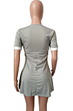 Light Grey Casual Polyester Short Sleeve Round Neck High Waist A Line Dress HM5117