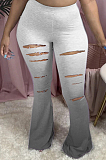 Purple Casual Polyester Ripped Mid Waist Flare Leg Pants HG039
