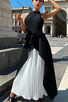 Black Casual Polyester Sleeveless Backless Ruffle Utility Blouse High Waist Long Skirt Sets ZS0312