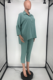 Light Blue Casual Polyester Long Sleeve Buttoned Tee Top Long Pants Sets HG052