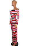 Pink Sexy Polyester Striped Long Sleeve Waist Tie High Waist Long Dress SH7906