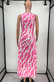 Rose Pink Casual Polyester Sleeveless Round Neck Mid Waist Tank Dress HG051