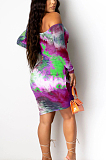 Sexy Cotton Blend Tie Dye Long Sleeve Self Belted Pleated Skirt T3431