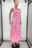 Rose Pink Casual Polyester Sleeveless Round Neck Mid Waist Tank Dress HG051