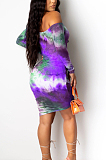 Sexy Cotton Blend Tie Dye Long Sleeve Self Belted Pleated Skirt T3431