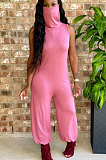 Casual Cotton Blend Pure Color Sleeveless Tee Jumpsuit T3433(No belts included)