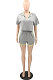 Casual Polyester Short Sleeve Lapel Neck Utility Blouse Shorts Sets QQ5196