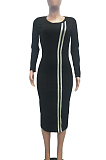 Casual Venetian Pure Color Long Sleeve Round Neck Mid Waist Shift Dress T3288