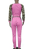 Casual Cotton Blend Leopard Long Sleeve Round Neck Spliced Longline Top Long Pants Sets T3375
