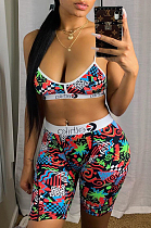 Casual Polyester Cartoon Graphic Sleeveless Cold Shoulder Crop Top Shorts Sets LS6222