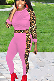 Casual Cotton Blend Leopard Long Sleeve Round Neck Spliced Longline Top Long Pants Sets T3375