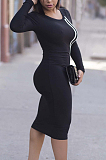 Casual Venetian Pure Color Long Sleeve Round Neck Mid Waist Shift Dress T3288