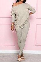 Pure Color Casual Cotton Blend Long Sleeve  Longline Top Long Pants Sets  S6238