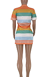 Sexy Chemical Fiber Blend Striped Cartoon Graphic Short Sleeve Round Neck Beaded Mid Waist Mini Dress DN8203