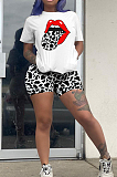 Casual Polyester Mouth Graphic Short Sleeve Round Neck Tee Top Shorts Sets LM095