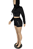 Solid Hoodie Top & Hight Waist Shorts Sets