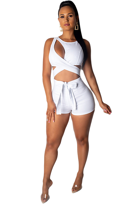 Cross Criss Hollow Out Top & Front Knoted Shorts Sets