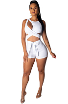 Cross Criss Hollow Out Top & Front Knoted Shorts Sets