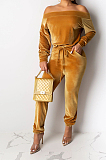 Nylon Solid Color Off Shoulder Pleated Cuff Top & Self-tied Parrot Pants Set