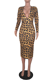 Leopard Texture Plunging Neck Long Dress