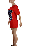 Casual Cotton Blend Cartoon Graphic Short Sleeve Round Neck Mini Dress LS6366