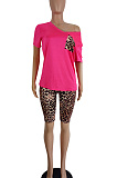 Casual Polyester Leopard Short Sleeve V Neck Tee Top Shorts Sets LS6368