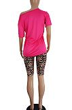 Casual Polyester Leopard Short Sleeve V Neck Tee Top Shorts Sets LS6368