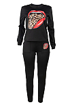 Casual Mouth Graphic Long Sleeve Round Neck Longline Top Long Pants Sets MD363