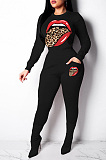 Casual Mouth Graphic Long Sleeve Round Neck Longline Top Long Pants Sets MD363