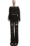 Casual Cotton Blend Pure Color Long Sleeve Round Neck Ripped Longline Top Long Pants Sets TRS1065