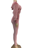 Casual Suede Pure Color Long Sleeve Zipper Front Crop Top Hoodie Long Pants Sets DN8520
