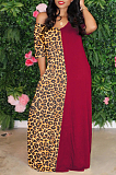 Casual Leopard Short Sleeve V Neck Slant Pocket Long Dress  LML143