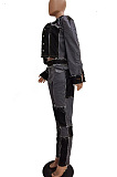 Casual Jeans Colorblock Long Sleeve Lapel Neck Spliced Capris Pants Denim Top Sets TRS1062