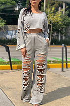 Casual Cotton Blend Pure Color Long Sleeve Round Neck Ripped Longline Top Long Pants Sets TRS1065