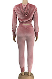 Casual Suede Pure Color Long Sleeve Zipper Front Crop Top Hoodie Long Pants Sets DN8520