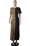 Casual Leopard Short Sleeve V Neck Slant Pocket Long Dress  LML143