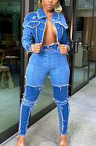Casual Jeans Colorblock Long Sleeve Lapel Neck Spliced Capris Pants Denim Top Sets TRS1062