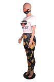 Casual Polyester Tie Dye Floral Mouth Graphic Short Sleeve Round Neck Tee Top Long Pants Sets WY6654