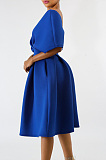 Elegant Polyester Pure Color Short Sleeve Deep V Neck Off Shoulder Zip Back Midi Skirt WY6443 