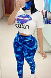 Casual Polyester Tie Dye Floral Mouth Graphic Short Sleeve Round Neck Tee Top Long Pants Sets WY6654