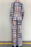 Modest Plaid Long Sleeve Round Neck Slant Pocket Crop Top Long Pants Sets ORY5057