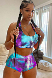 Sexy Polyester Tie Dye Cartoon Graphic Sleeveless Tank Top Shorts Sets HG015