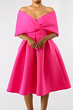 Elegant Polyester Pure Color Short Sleeve Deep V Neck Off Shoulder Zip Back Midi Skirt WY6443 