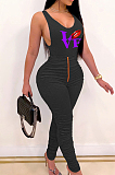 Sexy Cotton Blend Letter Mouth Graphic Sleeveless Cold Shoulder Ruffle Bodycon Jumpsuit T3432