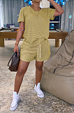 Casual Cotton Striped Short Sleeve Round Neck Waist Tie Tee Top Shorts Sets WY6708