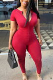 Pure Color Casual Short Sleeve Round Neck Bodycon Jumpsuit  LYY9266