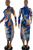 Sexy Tie Dye Long Sleeve Round Neck Jag Hollow Out Mid Waist Long Dress S6236
