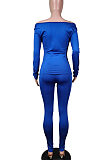 Casual Polyester Pure Color Boat Neck Long Sleeve Tee Top Long Pants Sets WY6697