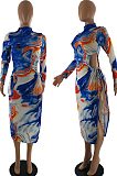 Sexy Tie Dye Long Sleeve Round Neck Jag Hollow Out Mid Waist Long Dress S6236